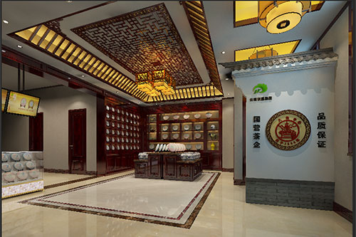 马关古朴典雅的中式茶叶店大堂设计效果图